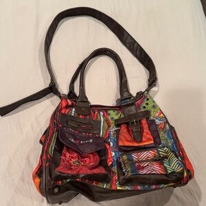 Desigual Multicolor Patchwork Shoulder Bag with Brown Trim